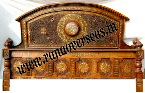 Handmade Wooden Hand Carved Brass Inlay Double Bed
