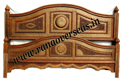 Handmade Wooden Hand Carved Brass Inlay Double Bed