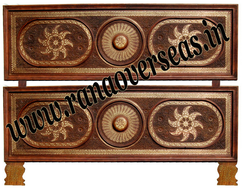 Brown Wooden Hand Carved Brass Inlay Double Bed