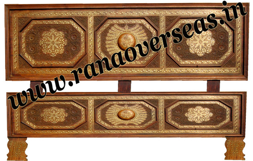 Brown Wooden Hand Carved Brass Inlay Double Bed