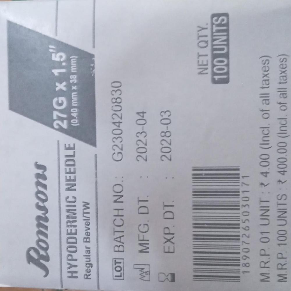 HYPODERMIC NEEDLE 27G X 1.5