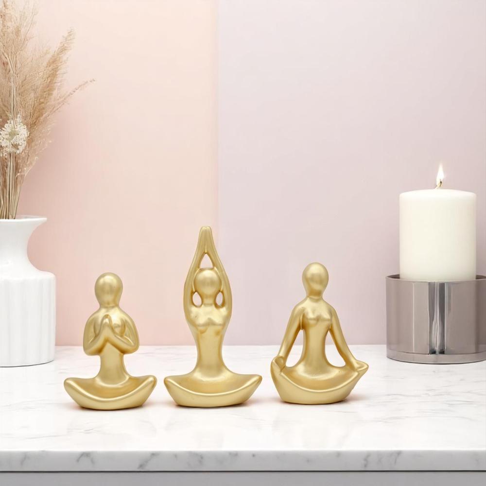 Ceramic Yoga Lady Set Of 3 Golden - Feature: Washable