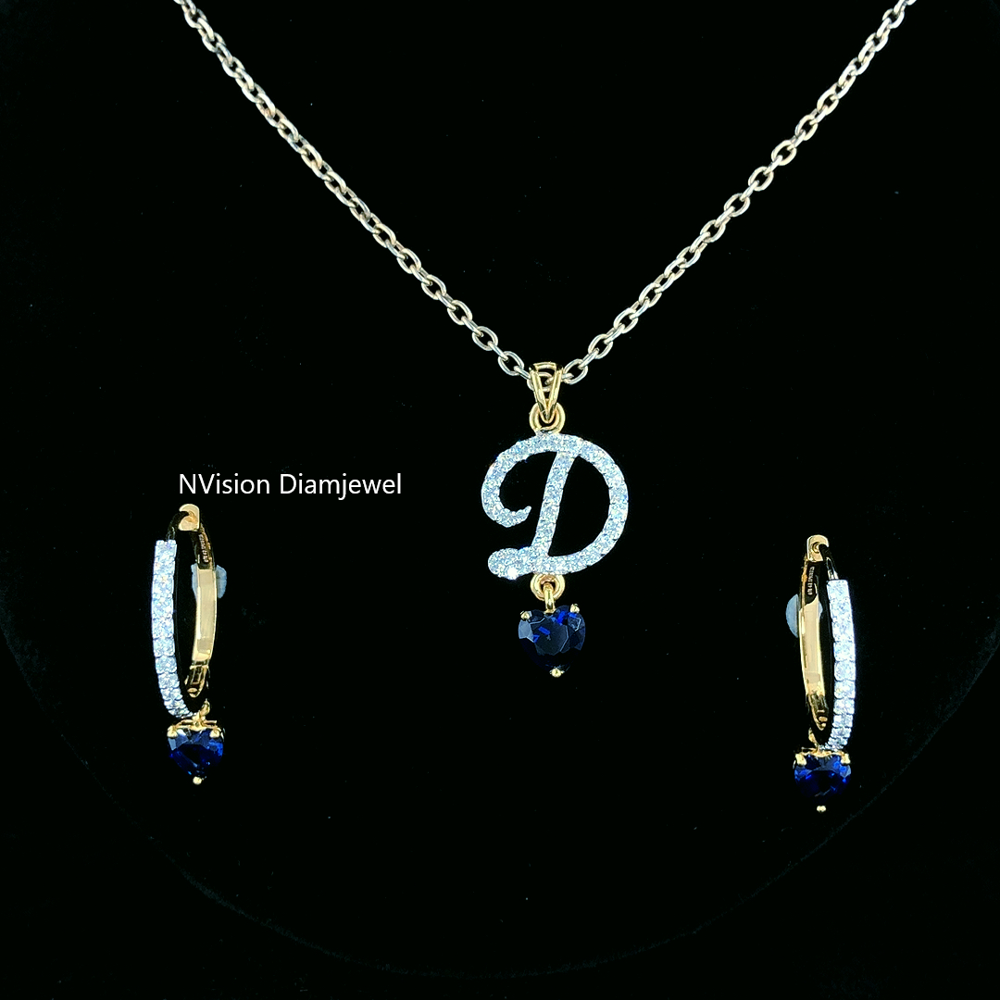 Dazzling Initial D Set Shine with Natural Diamonds & Royal Blue Charm