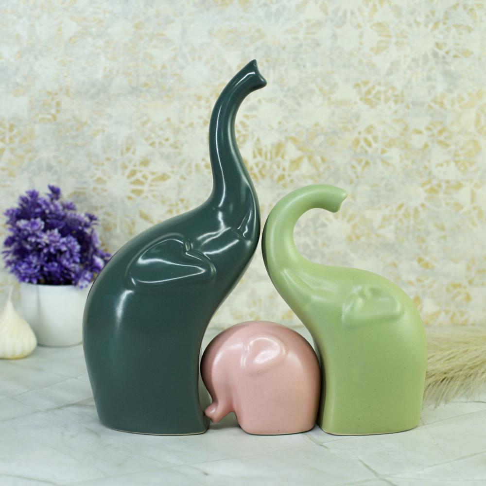 Ceramic Elephant Set Of 3 Dark Green/Green/Pink