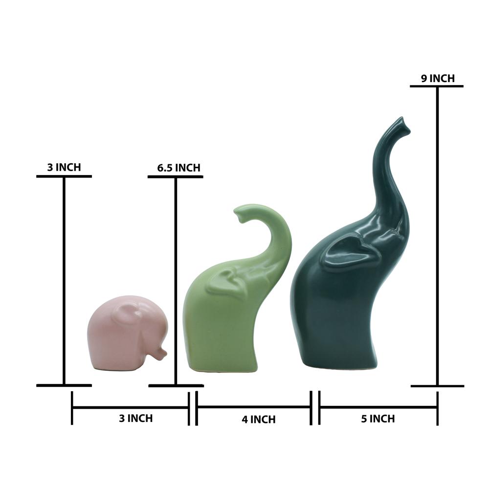 Ceramic Elephant Set Of 3 Dark Green/Green/Pink