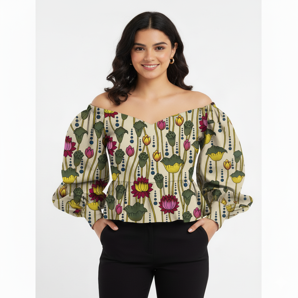  Lotus Print Fabric, Multicolour, Floral