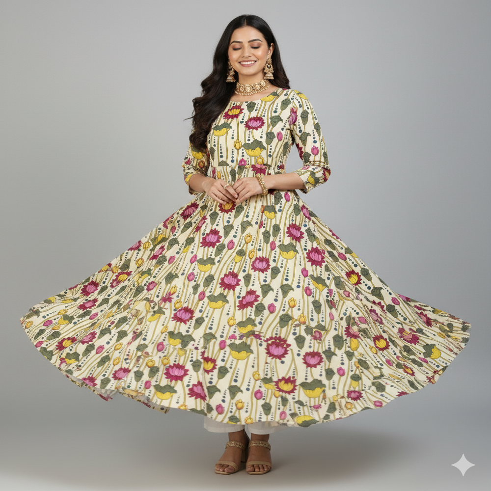  Lotus Print Fabric, Multicolour, Floral