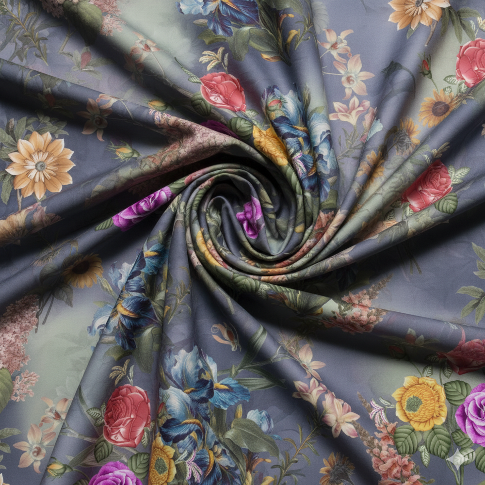 Floral Lehenga Fabric, Blue - Application: Garment Making
