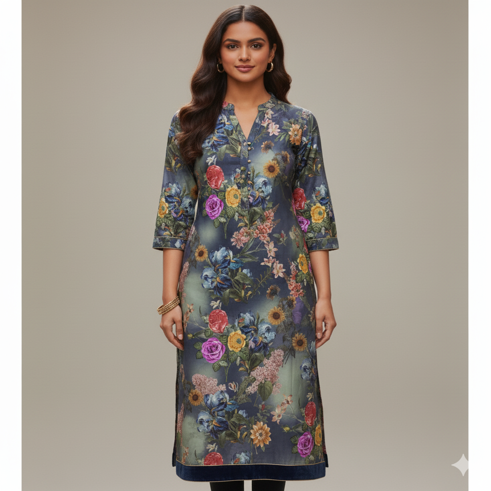 Floral Lehenga Fabric, Blue 