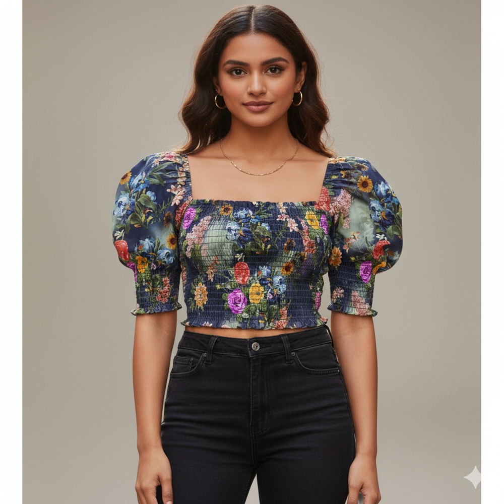 Floral Lehenga Fabric, Blue 