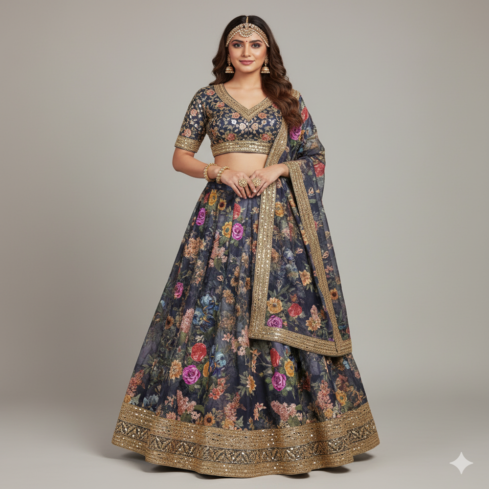 Floral Lehenga Fabric, Blue 