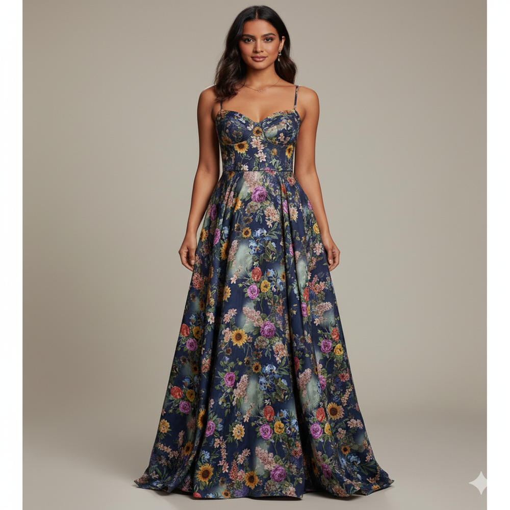 Floral Lehenga Fabric, Blue 