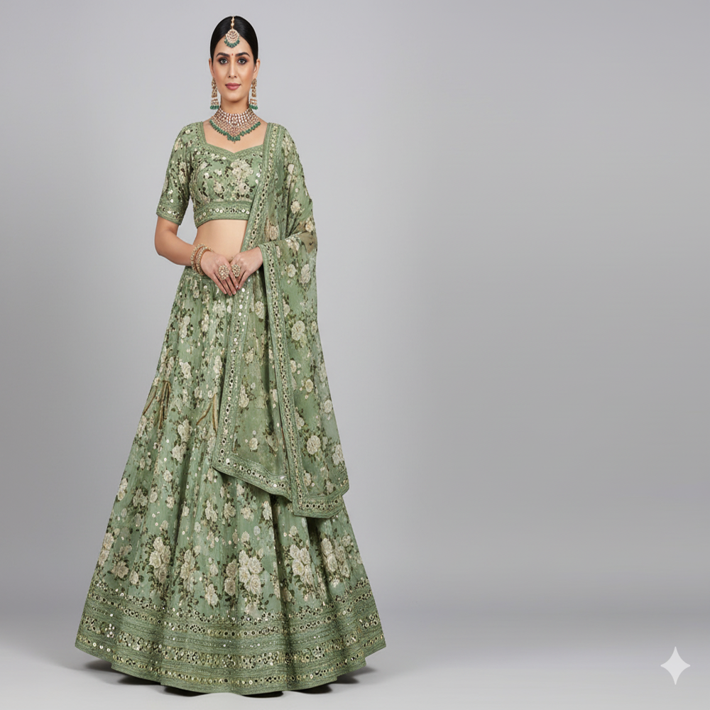 viscose digital floral print fabric ,green