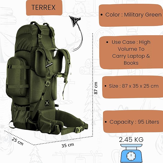 Hyper Adam Terrex 95L Rucksack with Detachable Bag & Rain Cover for Trekking & Travelling | Mountain Bags