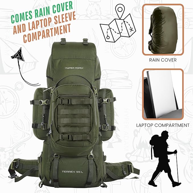 Hyper Adam Terrex 95L Rucksack with Detachable Bag & Rain Cover for Trekking & Travelling | Mountain Bags