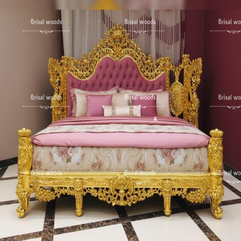 Antique Carved Bed In Golden Finish - Artwork: Handmade