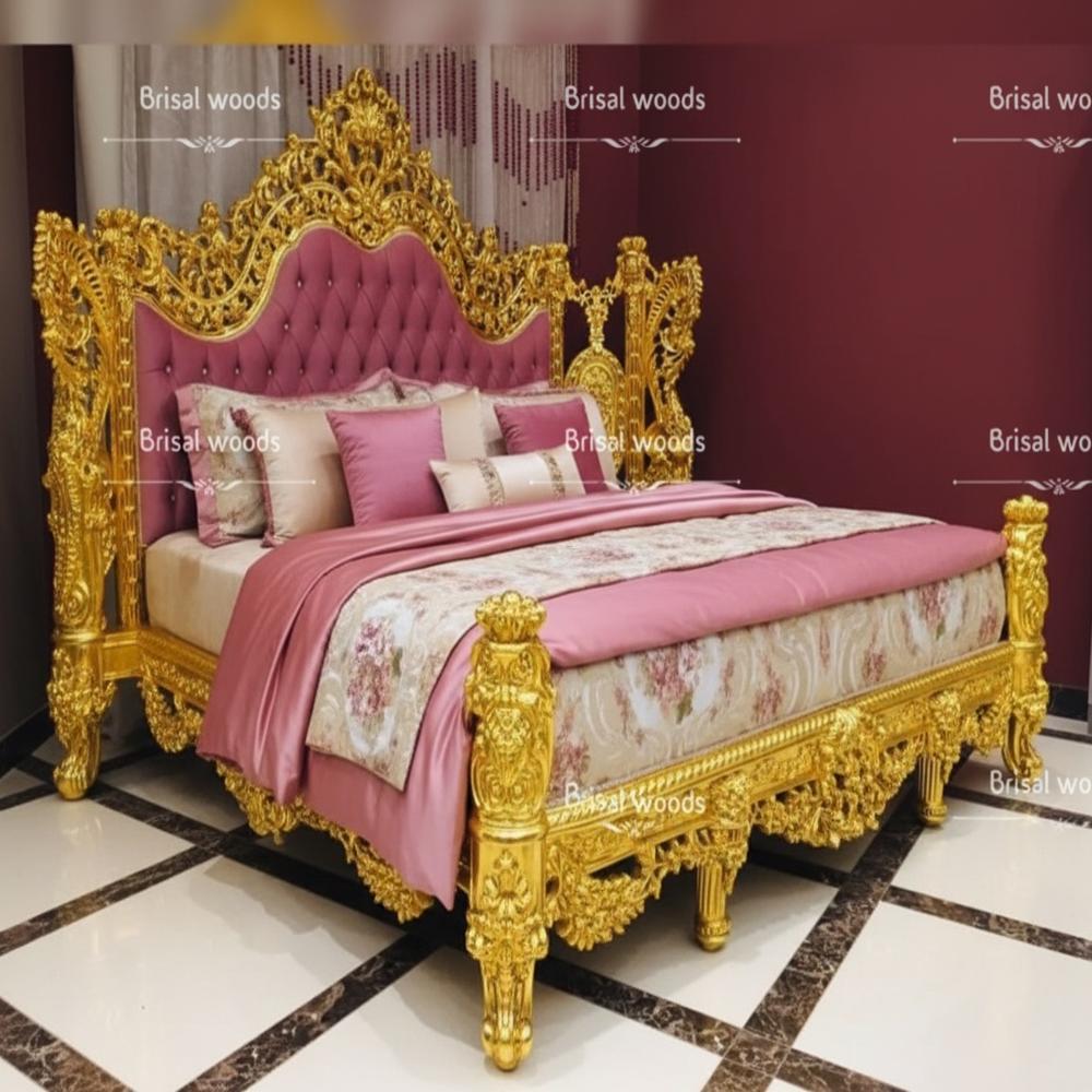 Antique Carved Bed In Golden Finish - Artwork: Handmade