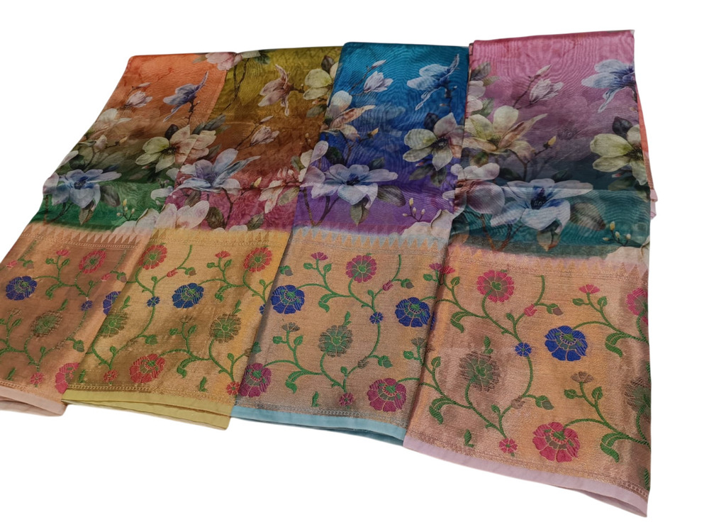 Zari Border And Digital Print Banarasi Kora Silk Saree