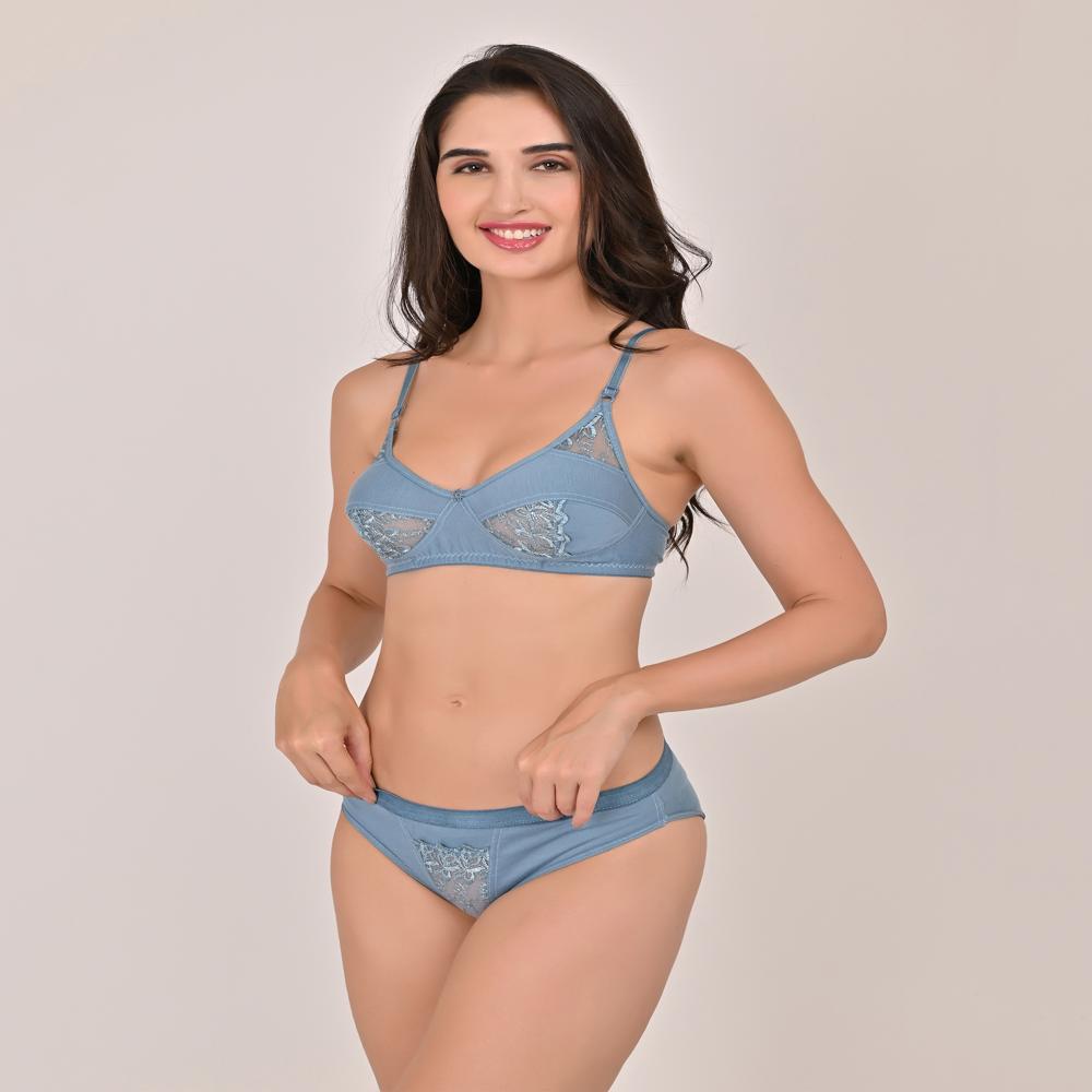 Ladies Blue Cotton Lace Bra Panty Set