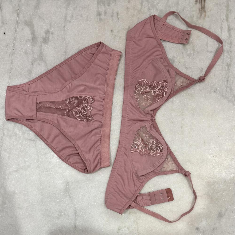 Ladies Pink Cotton Lace Bra Panty Set