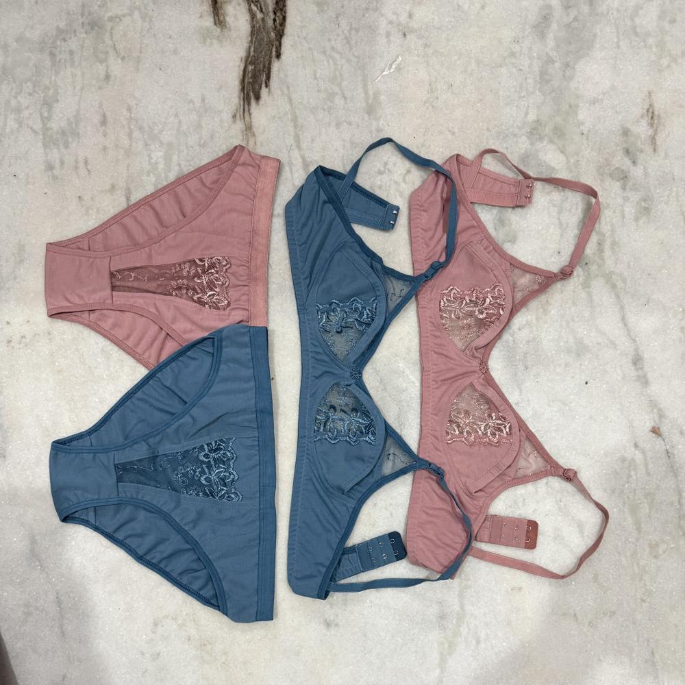 Ladies Pink Cotton Lace Bra Panty Set