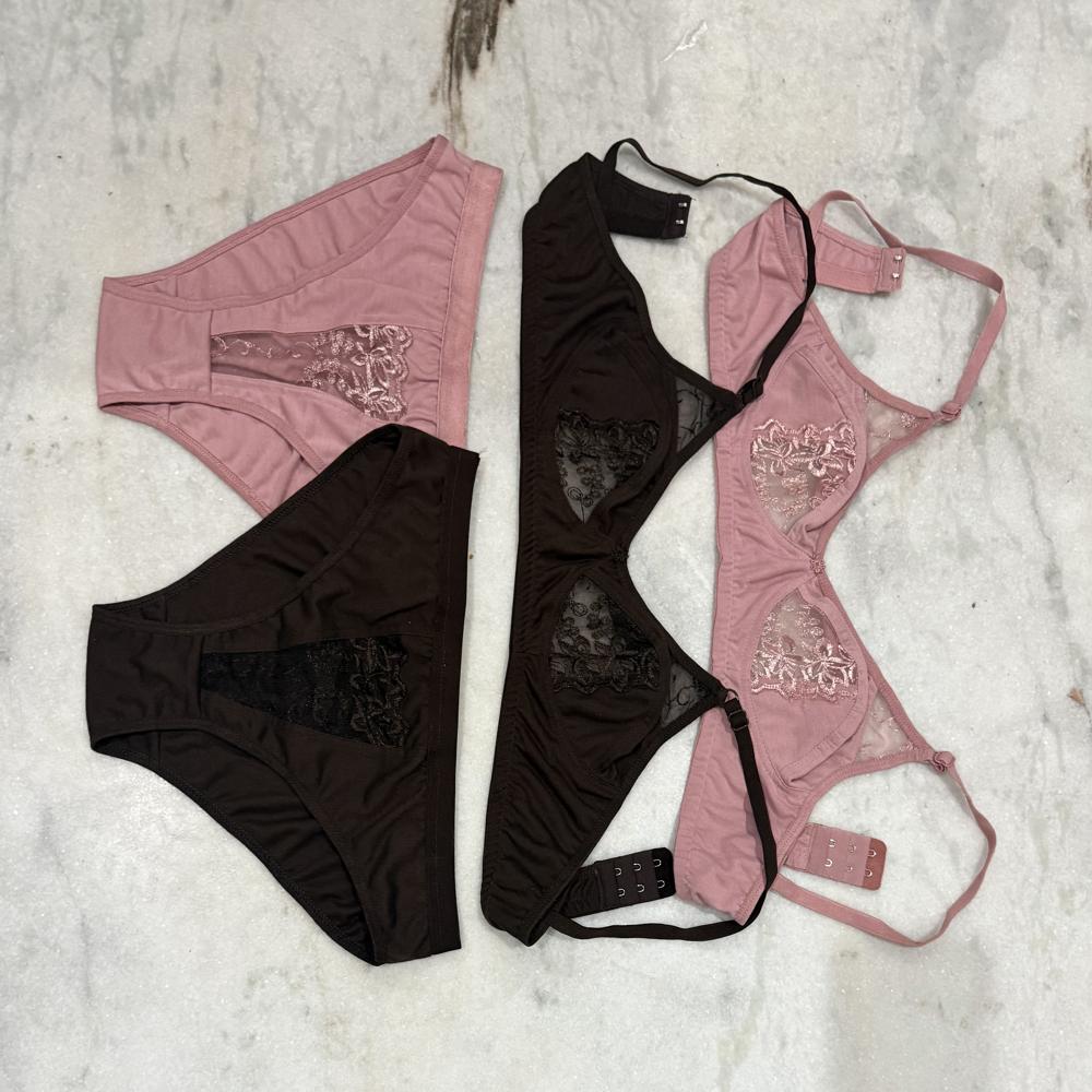 Ladies Pink Cotton Lace Bra Panty Set