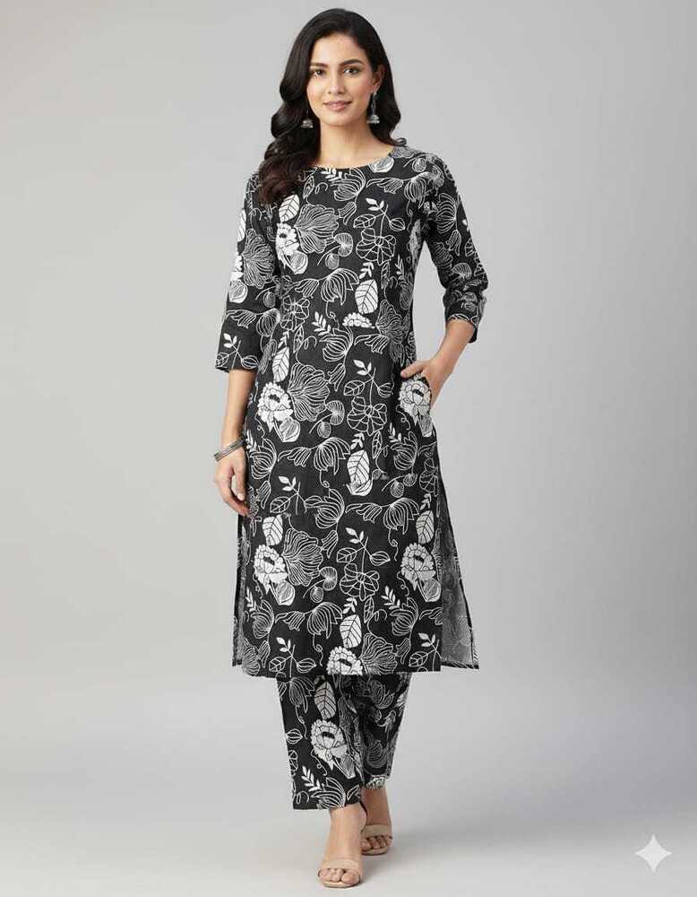 Melange Floral Printed Straight Kurta Set - Color: Black & White