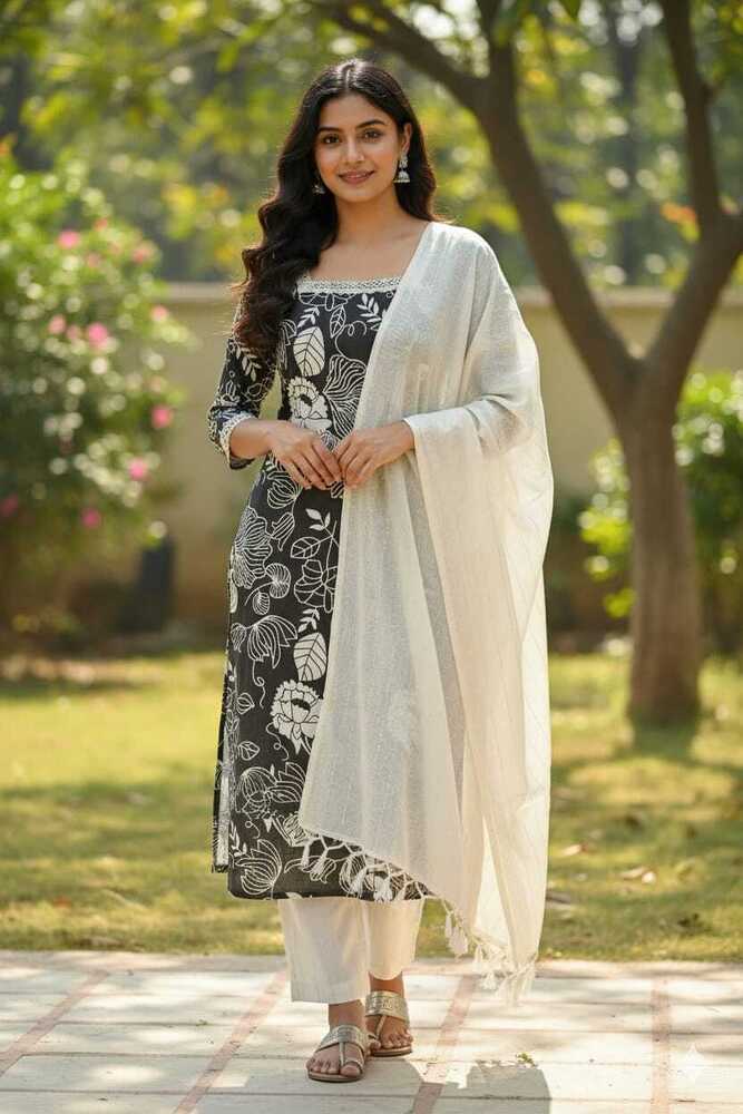 Women Ethenic Cotton Kurta And Pant With Dupatta Set - Color: Black & White