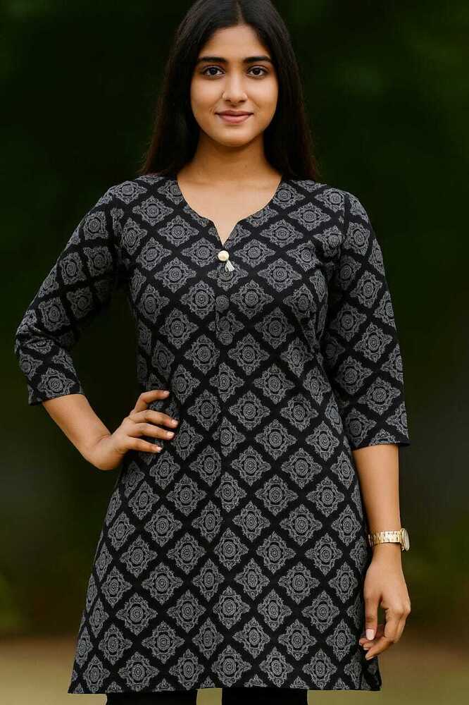 Trendy Women'S Cotton Printed Short Kurti - Color: Black