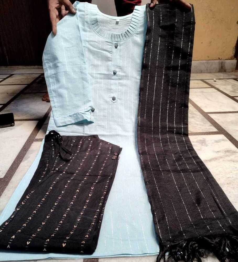 Khadi Cotton Women Kurti Pant Dupatta Set - Design: Premium