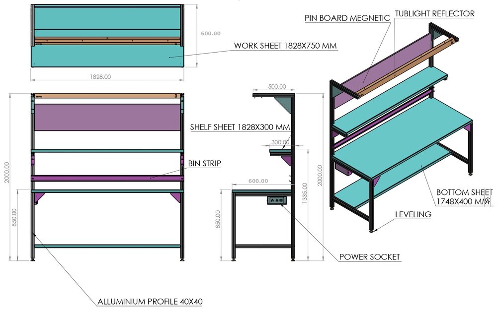 Single Side Work Table 1.8 Mtr (6 feet) | Modular Ergonomic Industrial Workstation