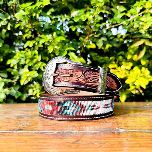 Western Carving And Beaded Leather Belt