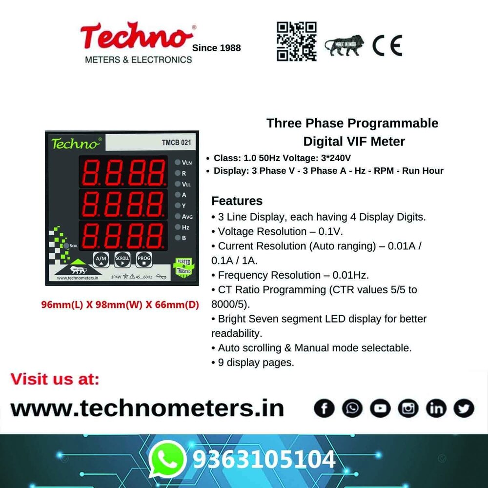 3 Phase Voltage Ampere Frequency Meter - Color: Grey