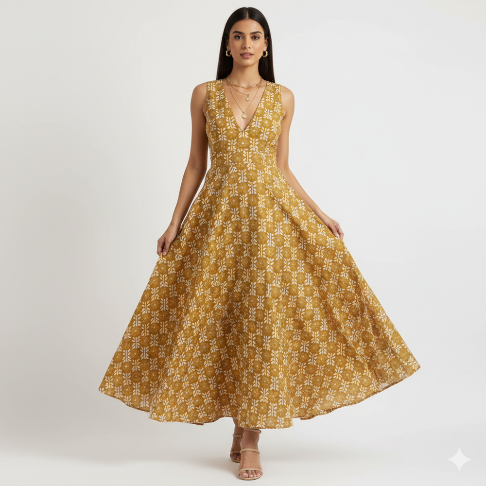 digital print Mustard Yellow Floral Weave Fabric