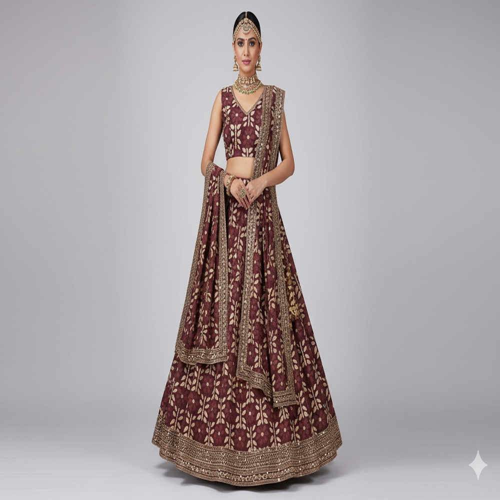 Organza Maroon Floral  Fabric