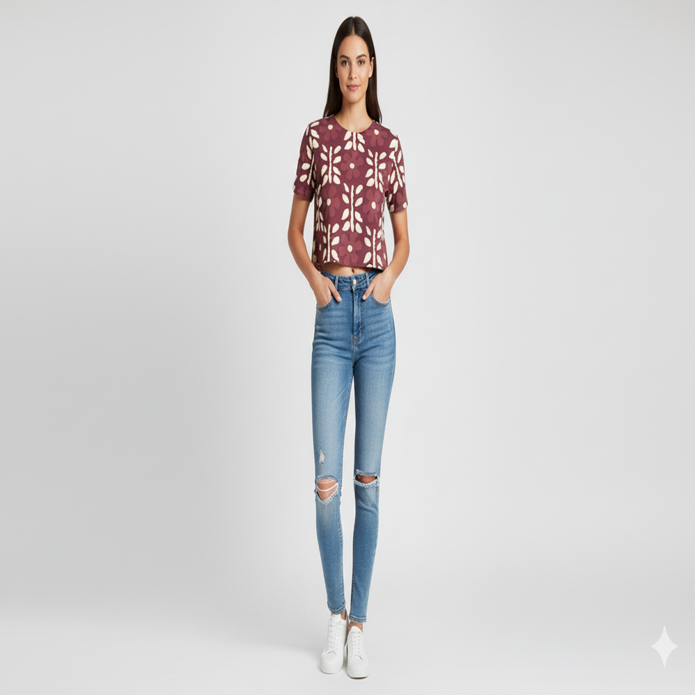 Organza Maroon Floral  Fabric