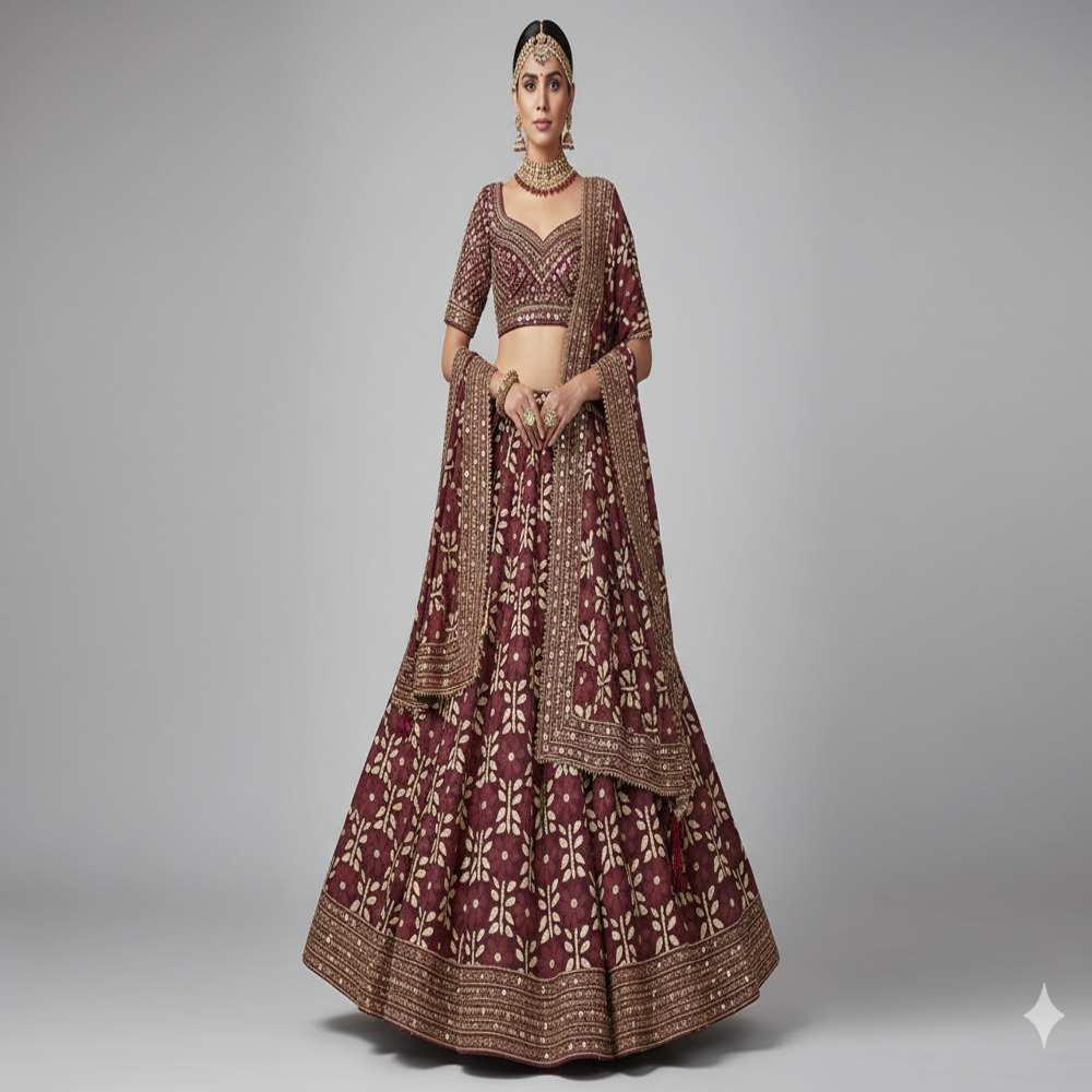 Organza Maroon Floral  Fabric