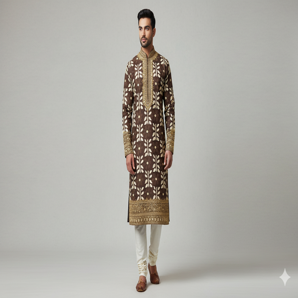 Designer Fabric ,Coffee Brown Floral Weave Fabric