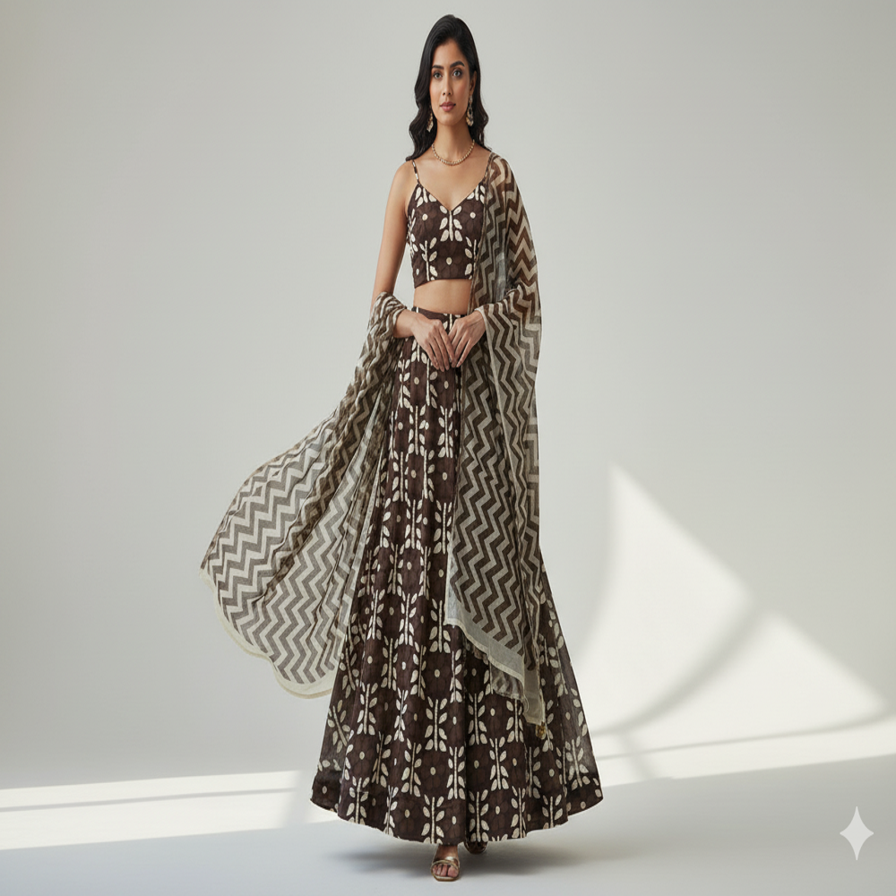 Designer Fabric ,Coffee Brown Floral Weave Fabric