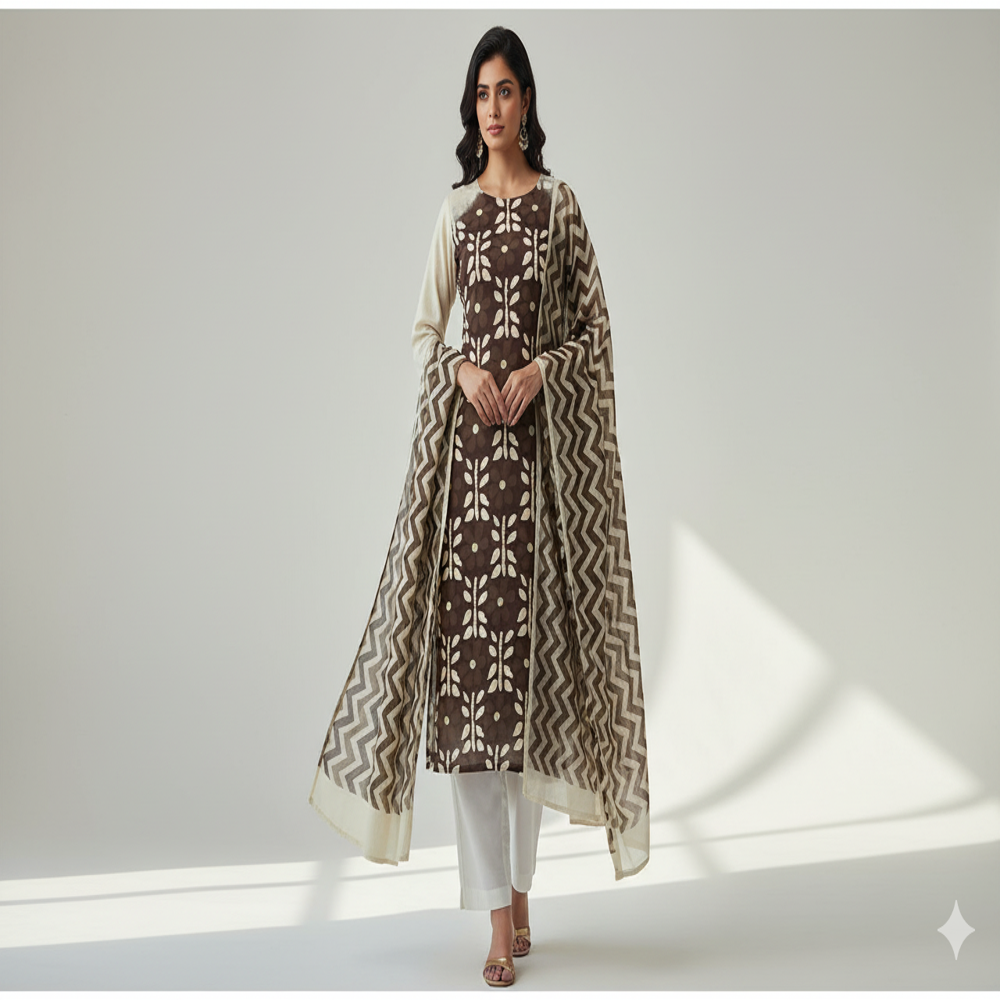 Designer Fabric ,Coffee Brown Floral Weave Fabric