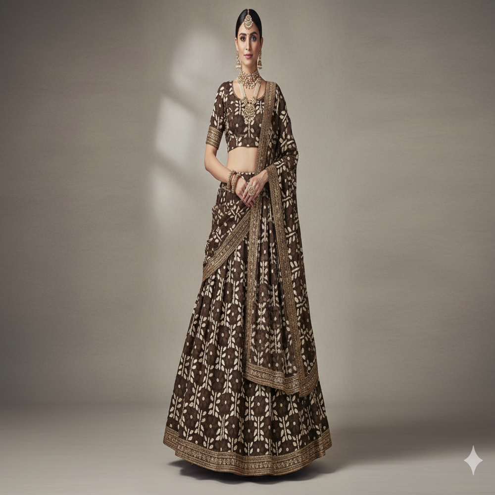 Designer Fabric ,Coffee Brown Floral Weave Fabric