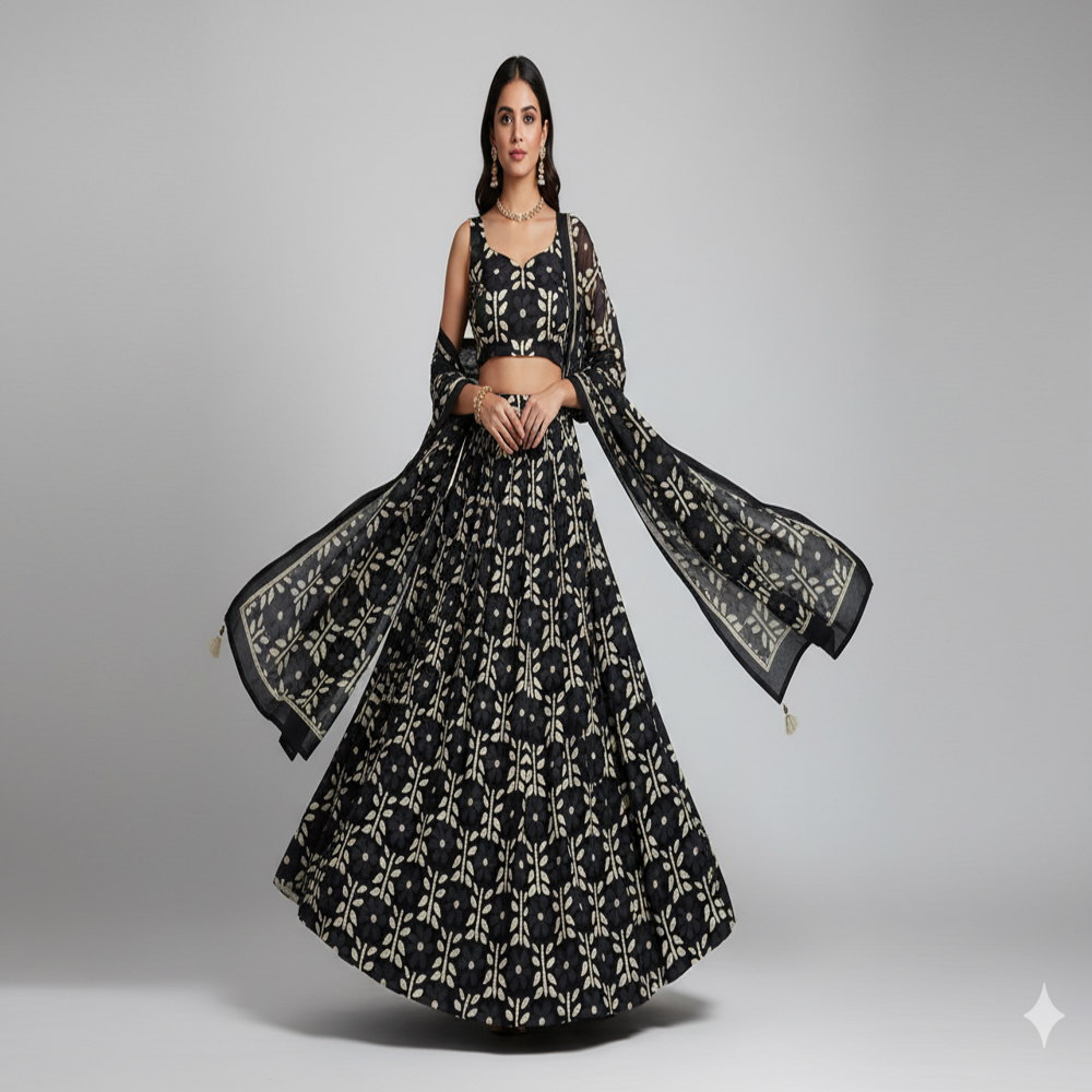  Black Floral Weave Fabric