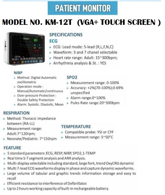 Km12t Patient Monitor - Plastic, 12 Inch High-resolution Tft Lcd Screen, Black | Multiparameter Vital Signs Monitoring With Ecg, Nibp, Spo2, Respiration, And Temperature Tracking