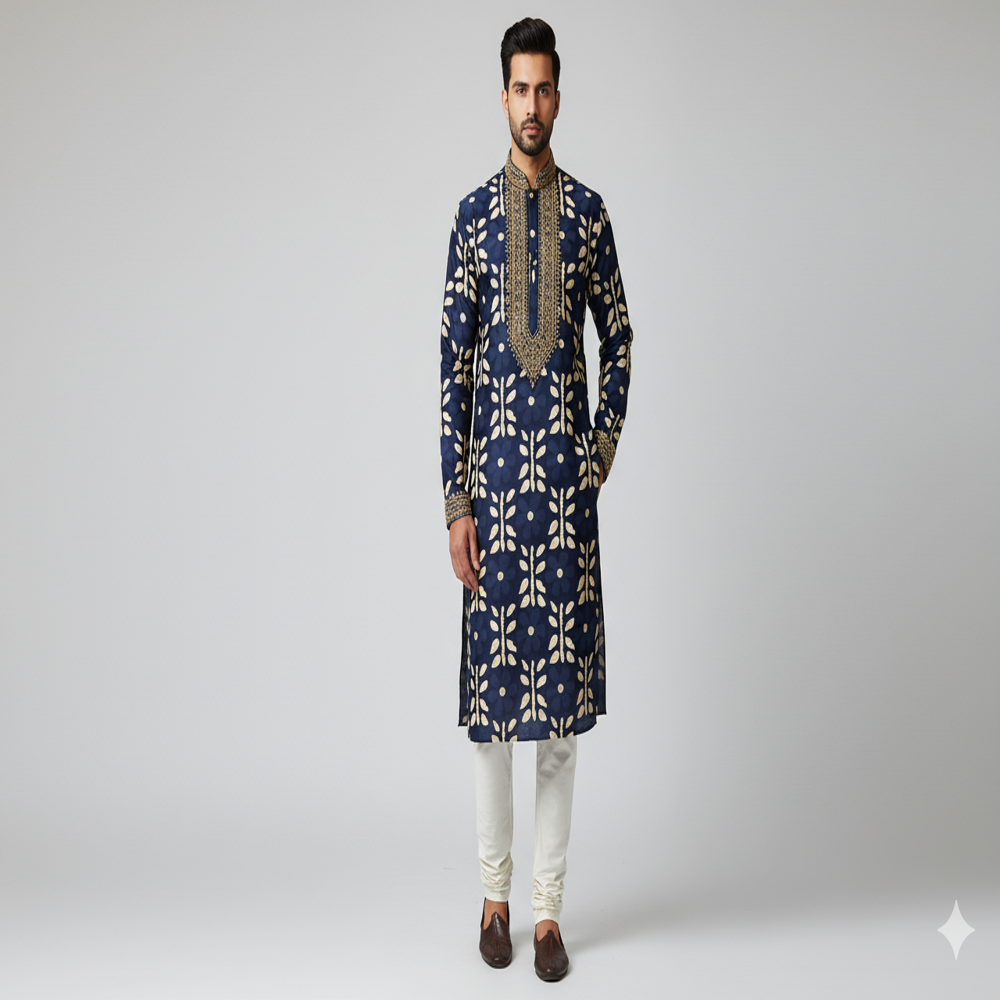  Navy Blue Floral Weave Fabric