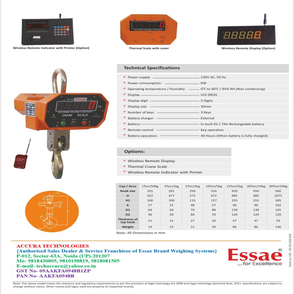 Ds-315 Electronic Crane Scale - Capacity Range: 5 Kilograms (Kg)