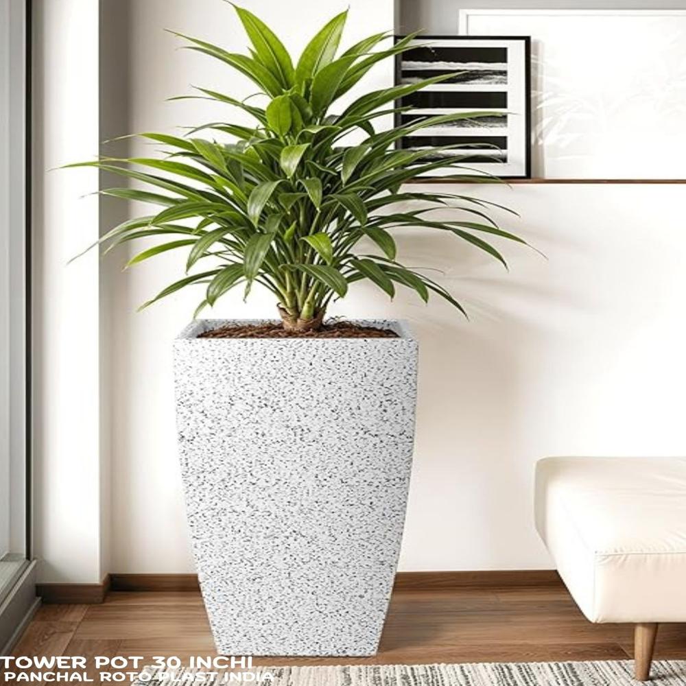 Tower Flower Pot Marble Look 30 Inchi - Color: White