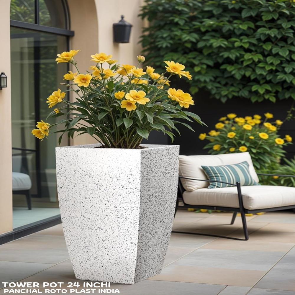 Tower Flower Pots Marble Style 24 Inchi - Color: White