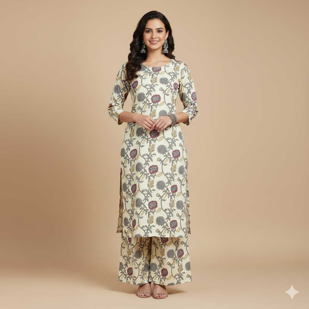 Floral print  Off-White Fabric,kalmakri 