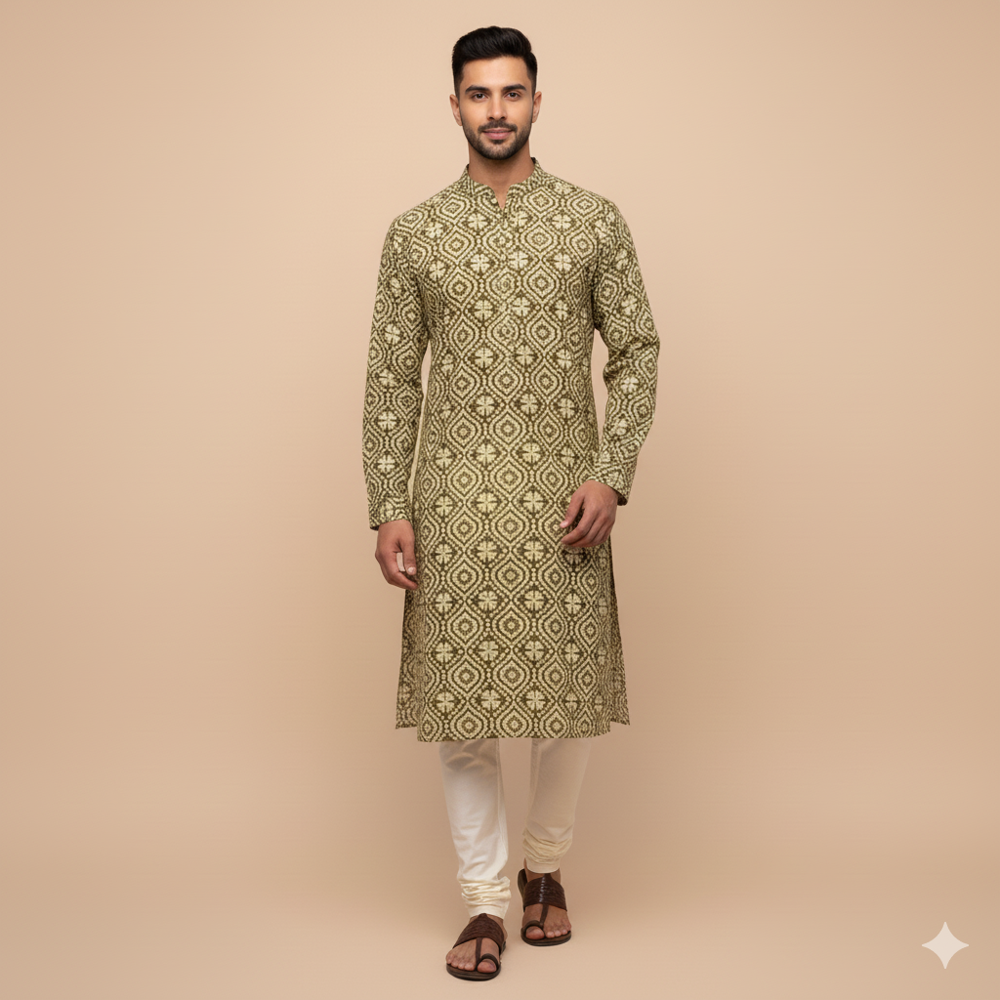 Dola Silk Ethnic Geometric Jaal Print Fabric