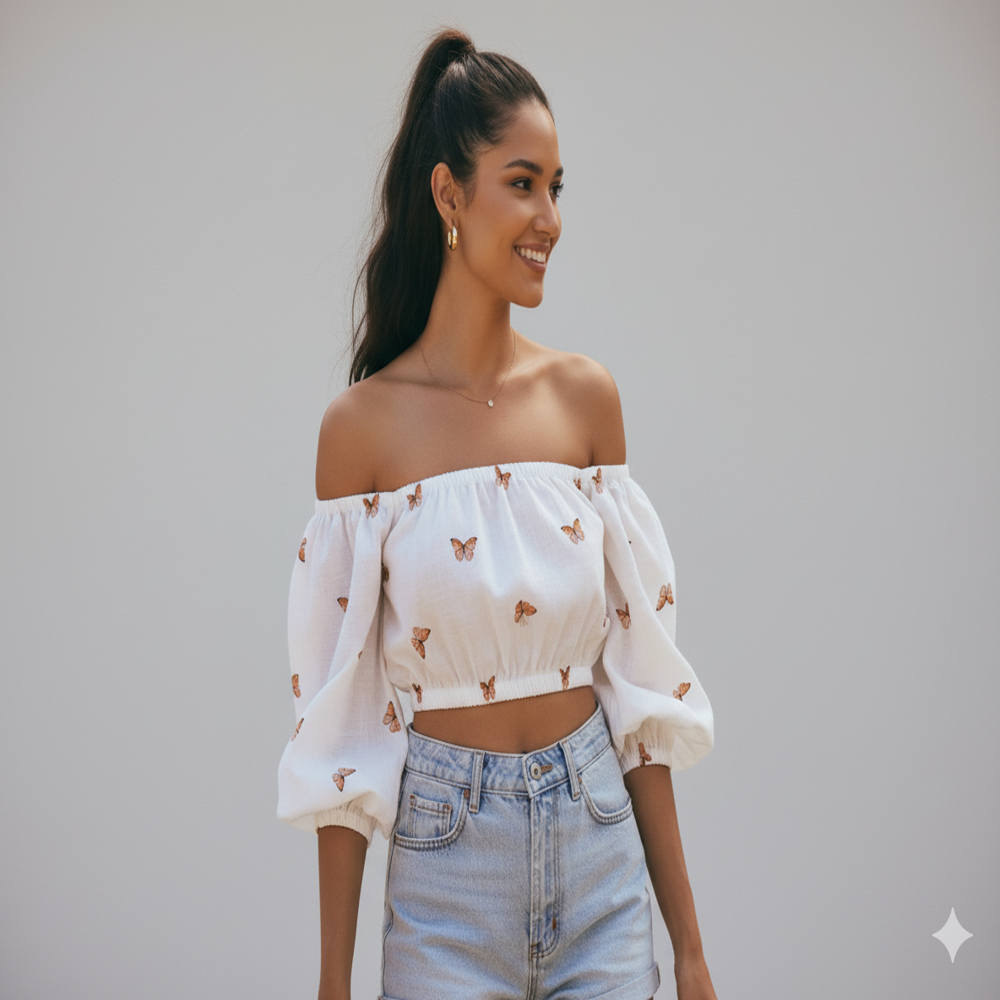 Butterfly Printed White Fabric